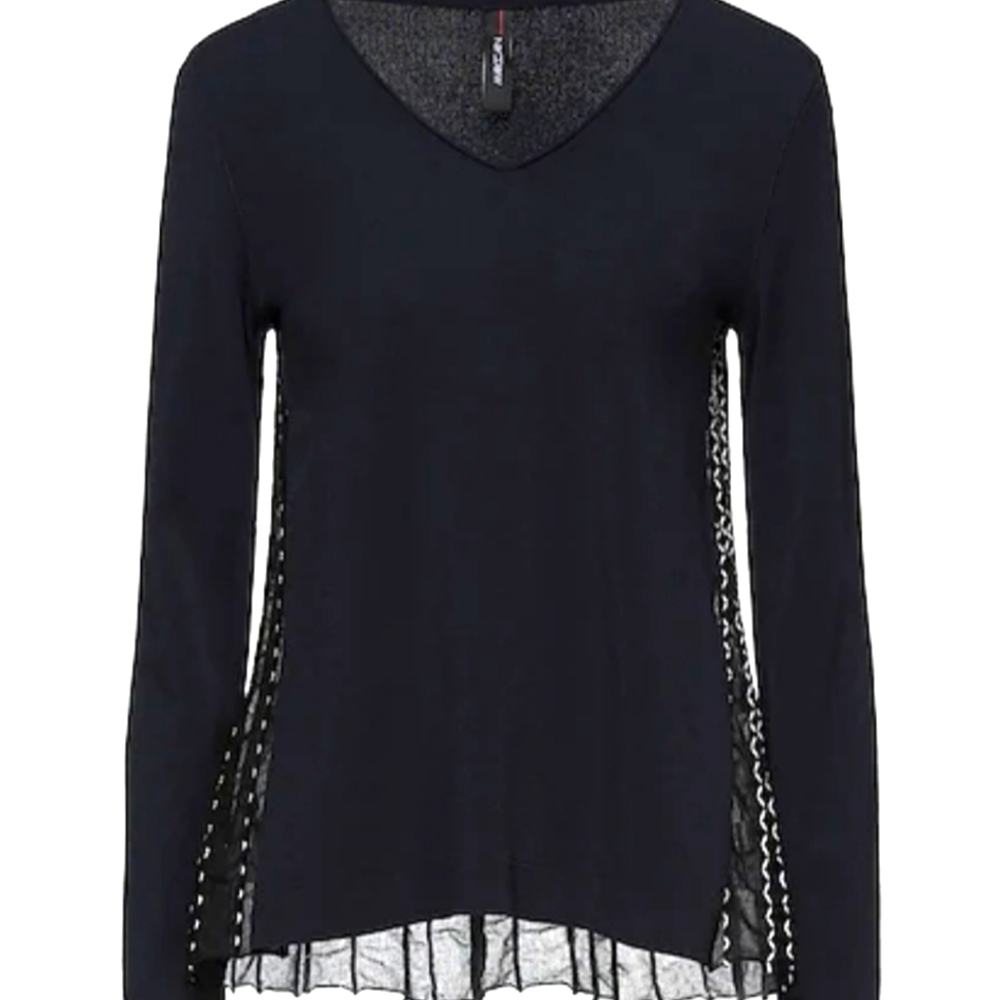 Marc Cain V-neck Navy Blue Knit Pleaded Back Sweater